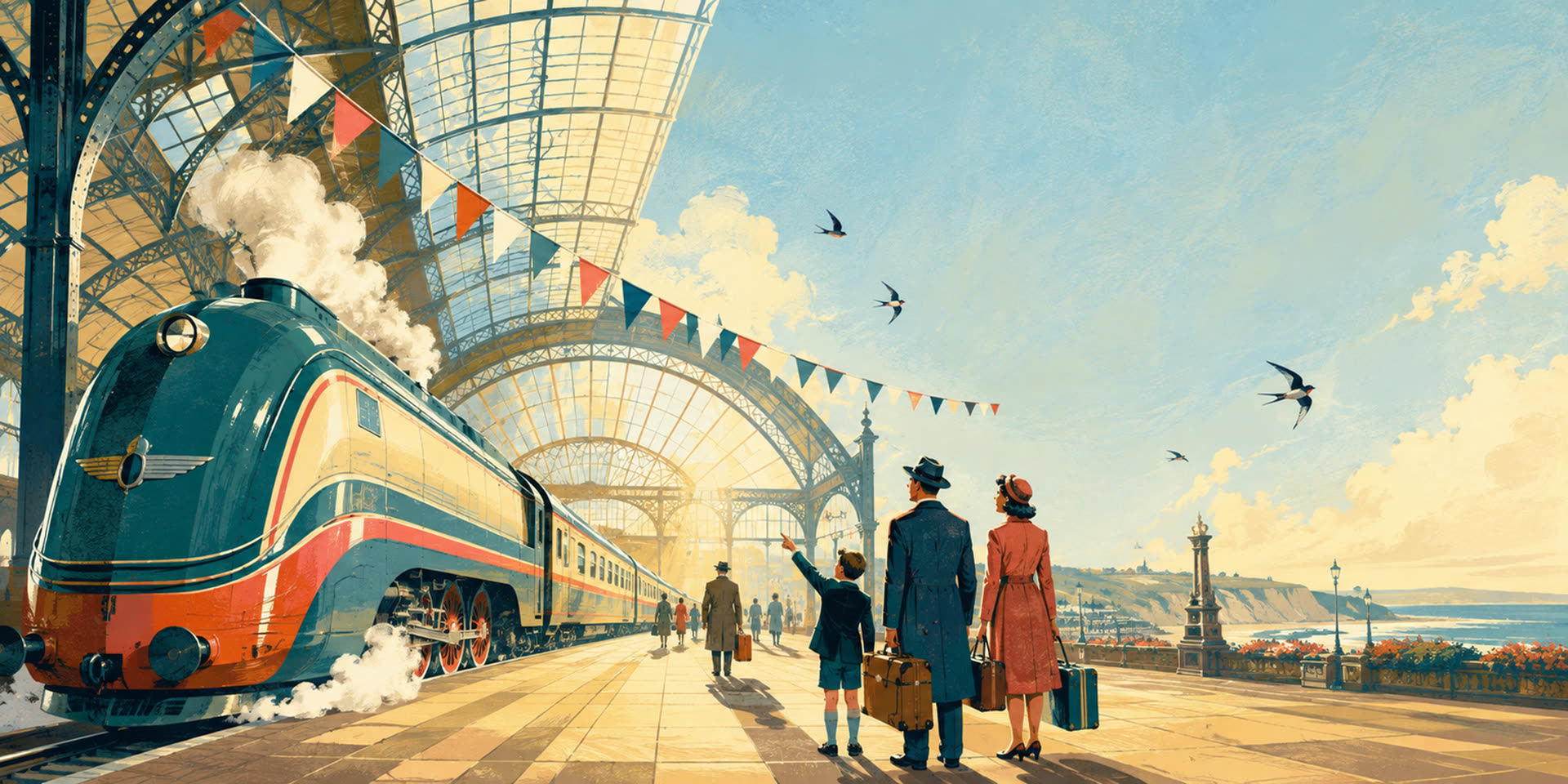 A grand glass-roofed station at golden morning: a teal and cream streamliner pulls in under bunting while a family with suitcases watches from the platform