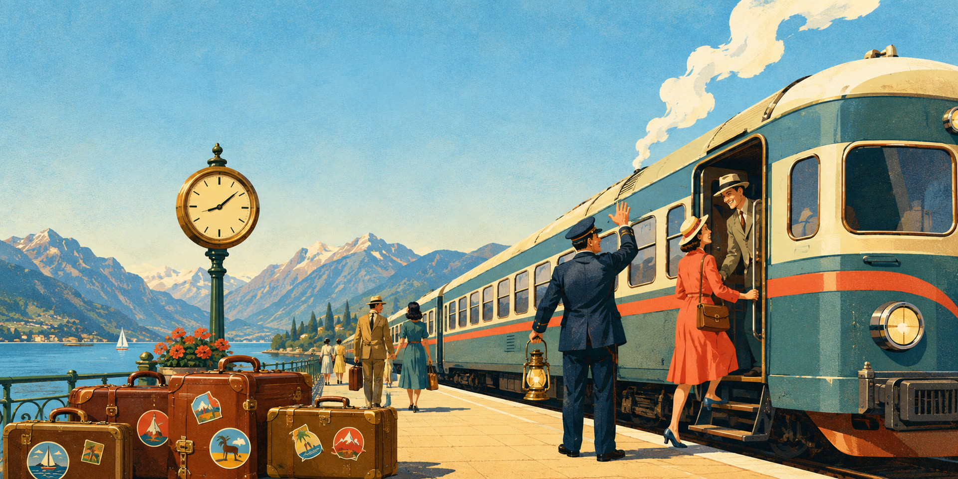 A conductor with a lantern waves passengers aboard a teal train on a sunny lakeside platform, a stack of stickered suitcases in the foreground