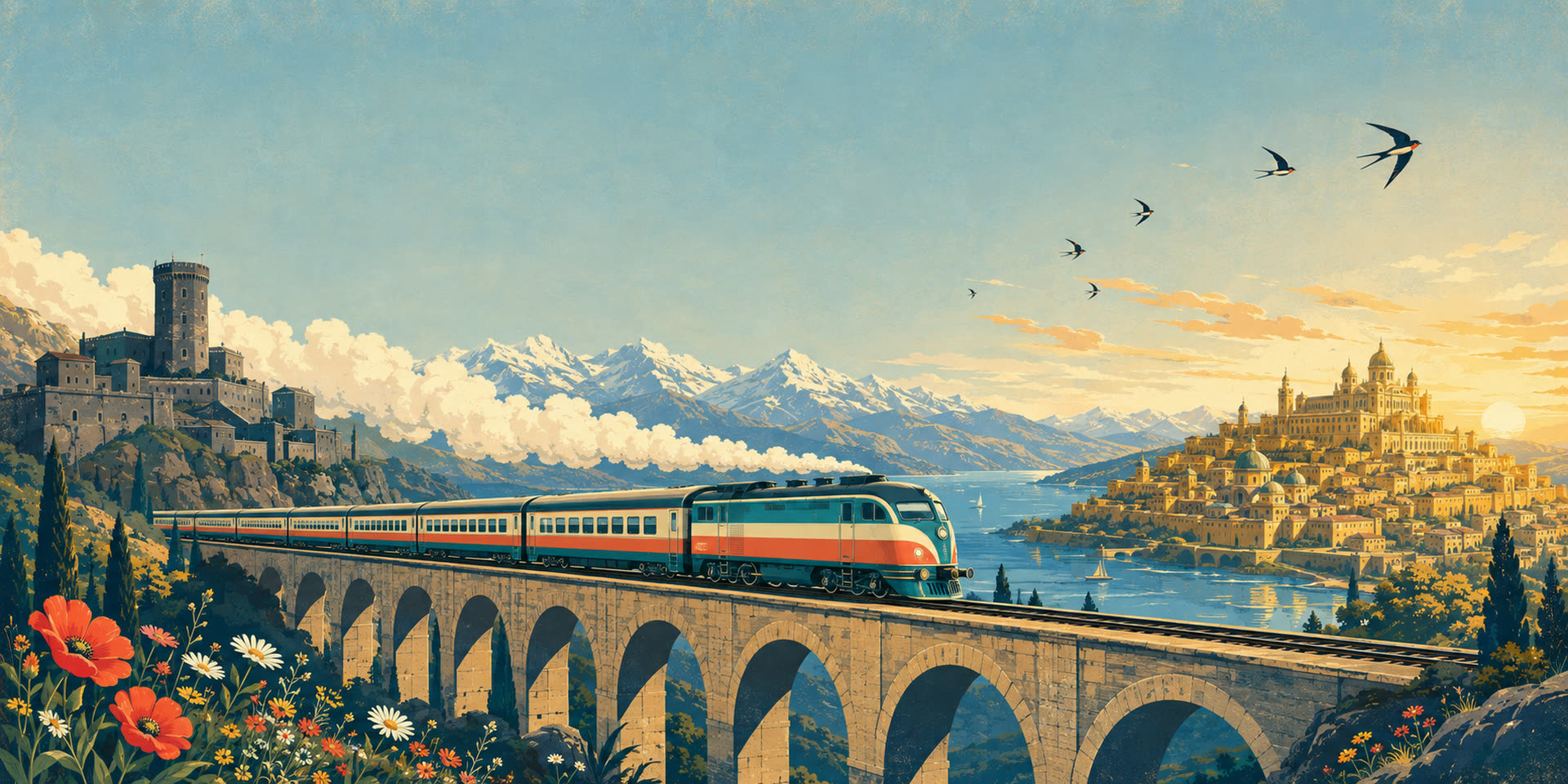 A teal streamliner crosses a stone viaduct at golden hour, leaving a grey walled town behind and heading toward a golden city on a hill above a lake